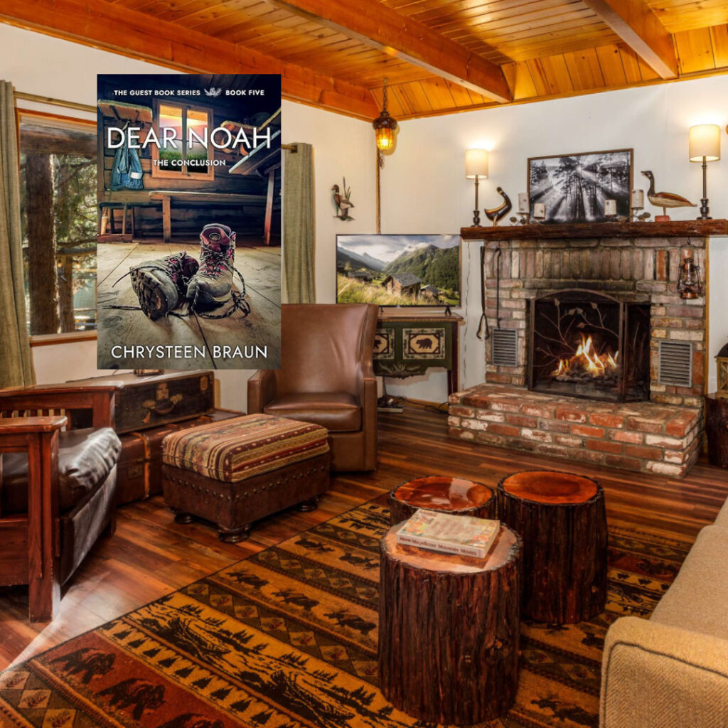 cabin interior and book cover