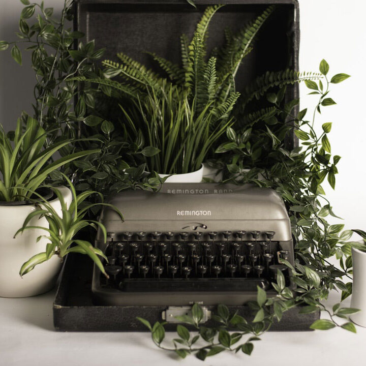 typewriter covered in plants